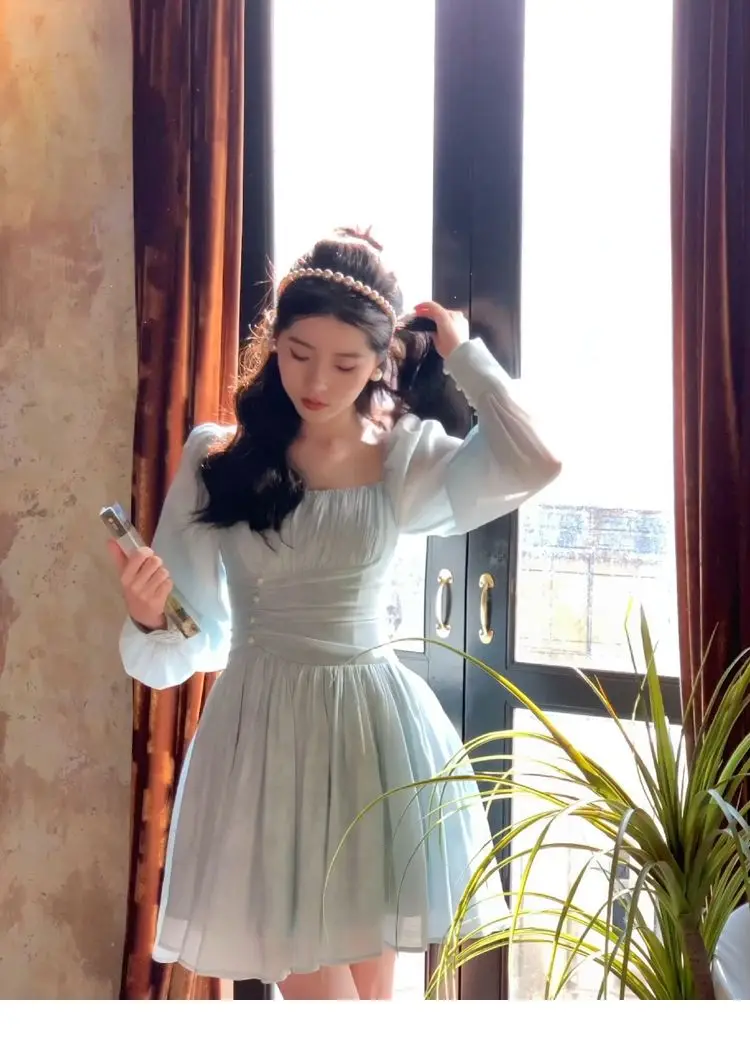 Robe,Robe De soirée en mousseline De soie bleu, élégante, col carré ...