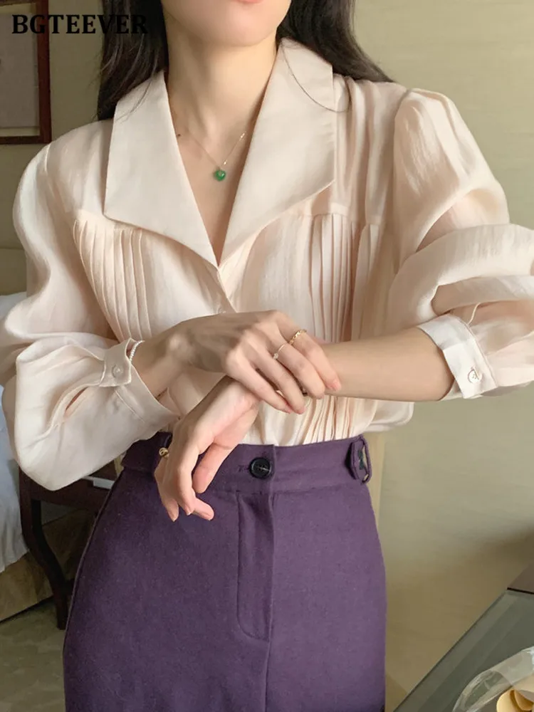 

Элегантная женская рубашка BGTEEVER с отложным воротником и рюшами, весна-лето 2022, Свободная Женская однобортная блузка, женские топы