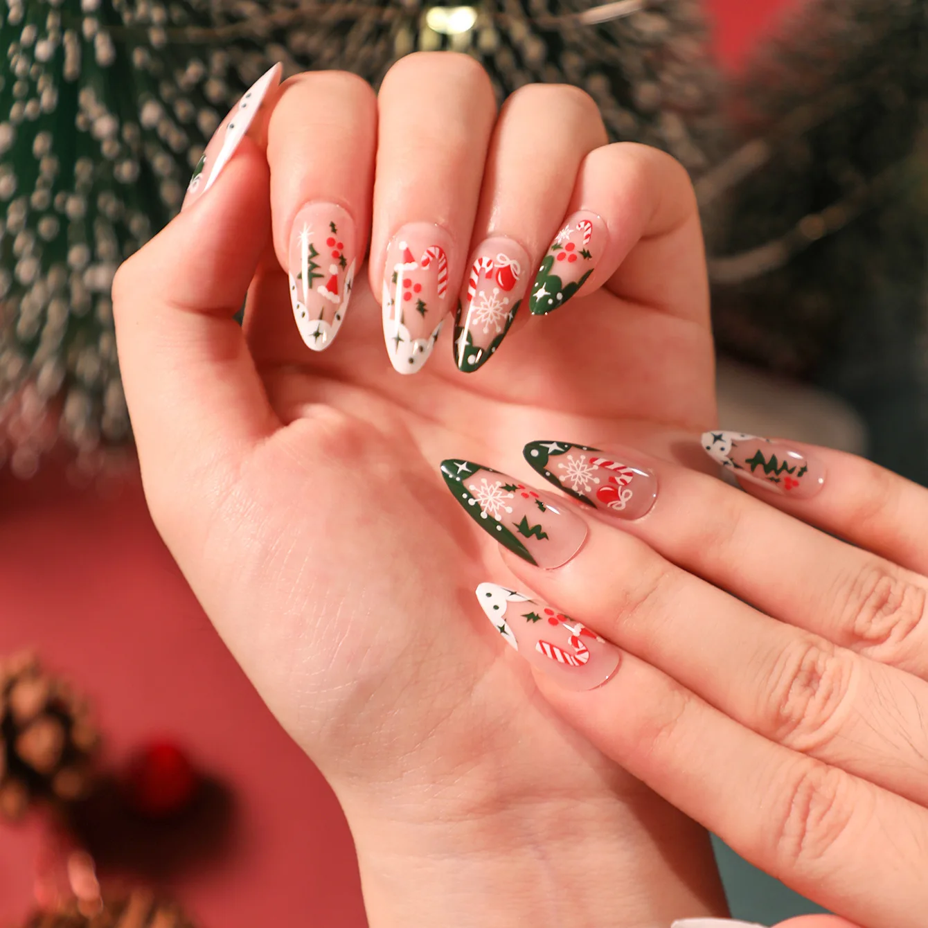Christmas Snowman Glitter Press-On Nails - 24 Pcs/Set