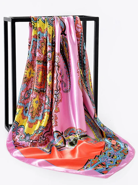 90*90 cm Piazza Sciarpe di Seta Donne Scialli Hijab Moda Anacardi Stampa Fiore Fazzoletto Femme Testa Sciarpa Foulard Bandana Spiaggia Pareo 5