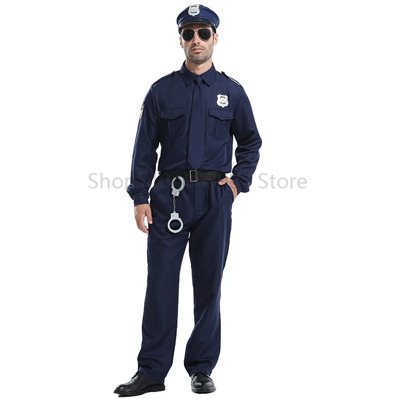 Super Hero Cop Men Costume Dark Blue Police Man Uniform Halloween Fancy Dress Up Costume Adult Police Officer Costume