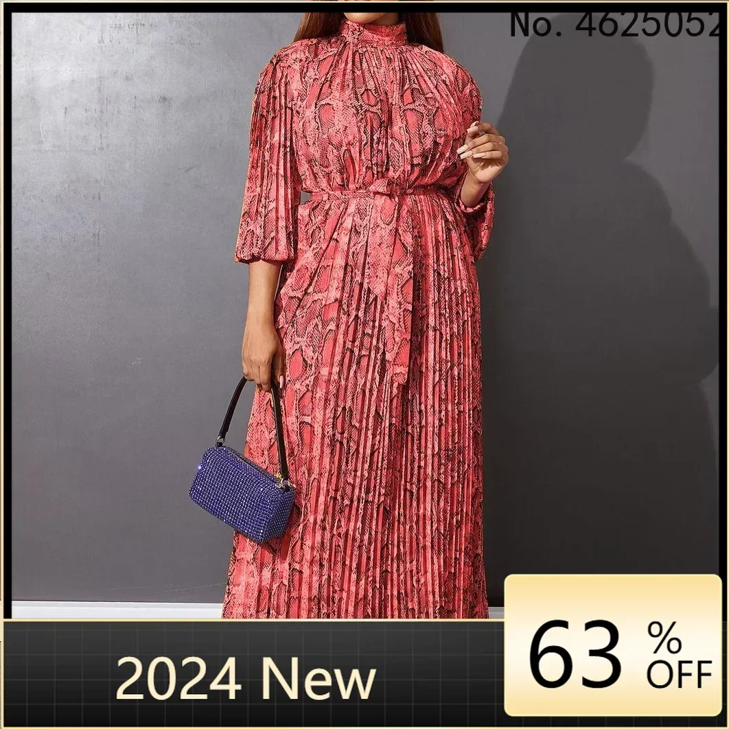 

2024 Summer Women New Fashion Temperament Printed Puff Sleeves Pleated Waist Lace Up Long Dress