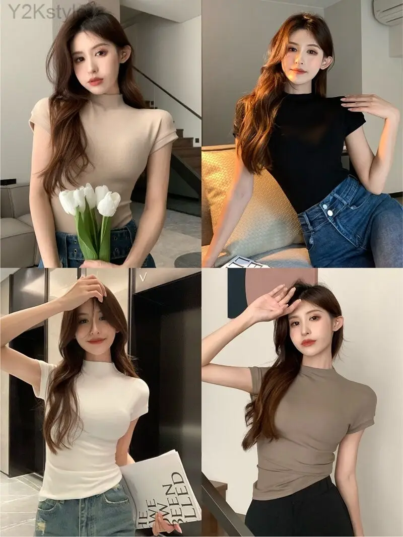 

Women's Pure Desire Half Turtleneck T-shirt, Ins All-Match Solid Top, Tight Inner Wear, Short Sleeve, Shoulder Bottoming Shirt