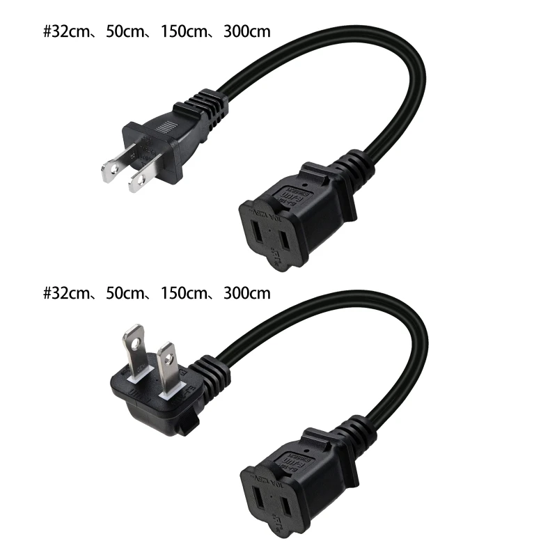 2 Prong Male Plug to Female Socket 2x18AWG Extension Cord 32/50/150