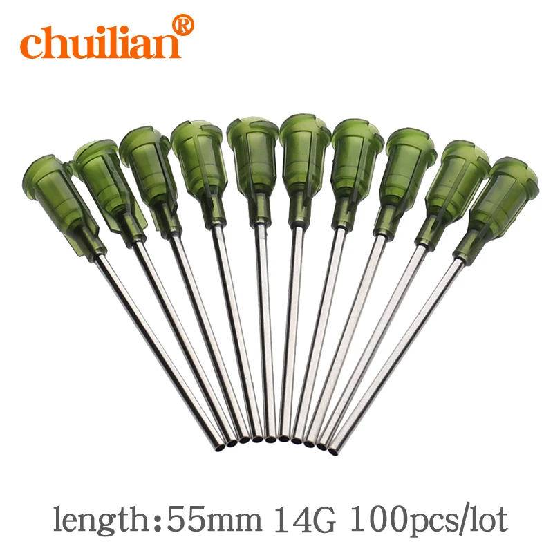 100pcs/lot 14G 55mm Precision passivated S.S. Dispense Tip dispensing needle with PP Safetylok hub glue dispenser needles
