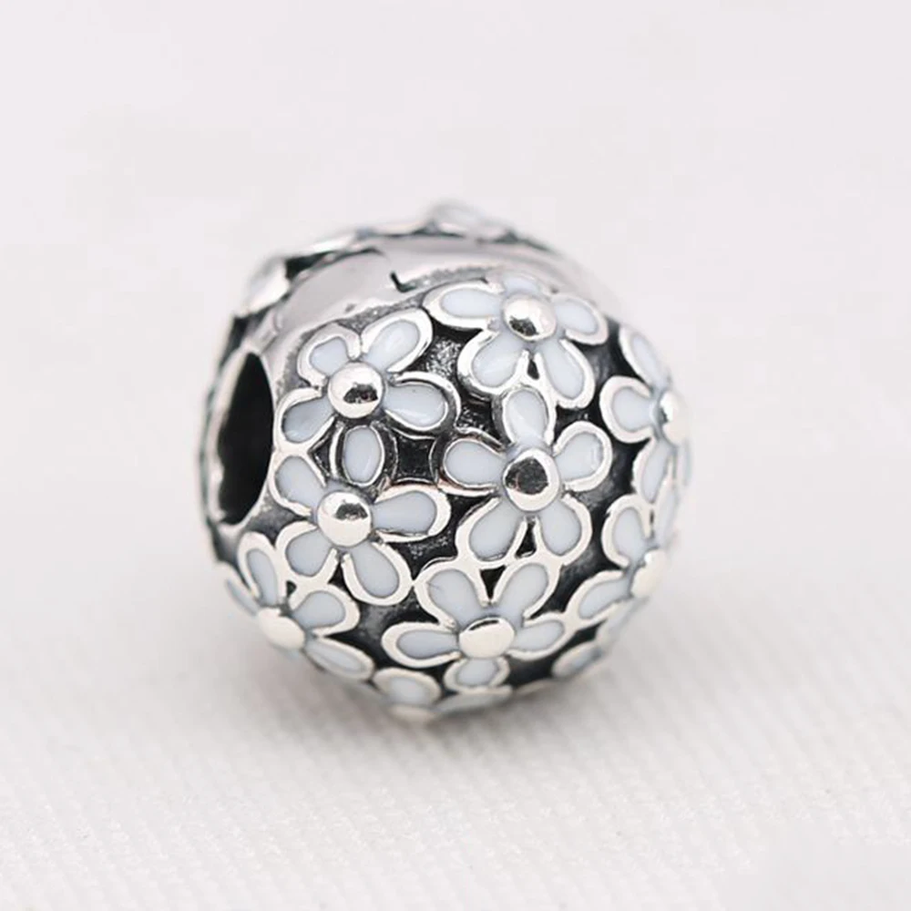 

Real 925 Sterling Silver Bead White Darling Daisy Meadow Flower Clip Charm Fit Pandora Women Bracelet Bangle Gift DIY Jewelry