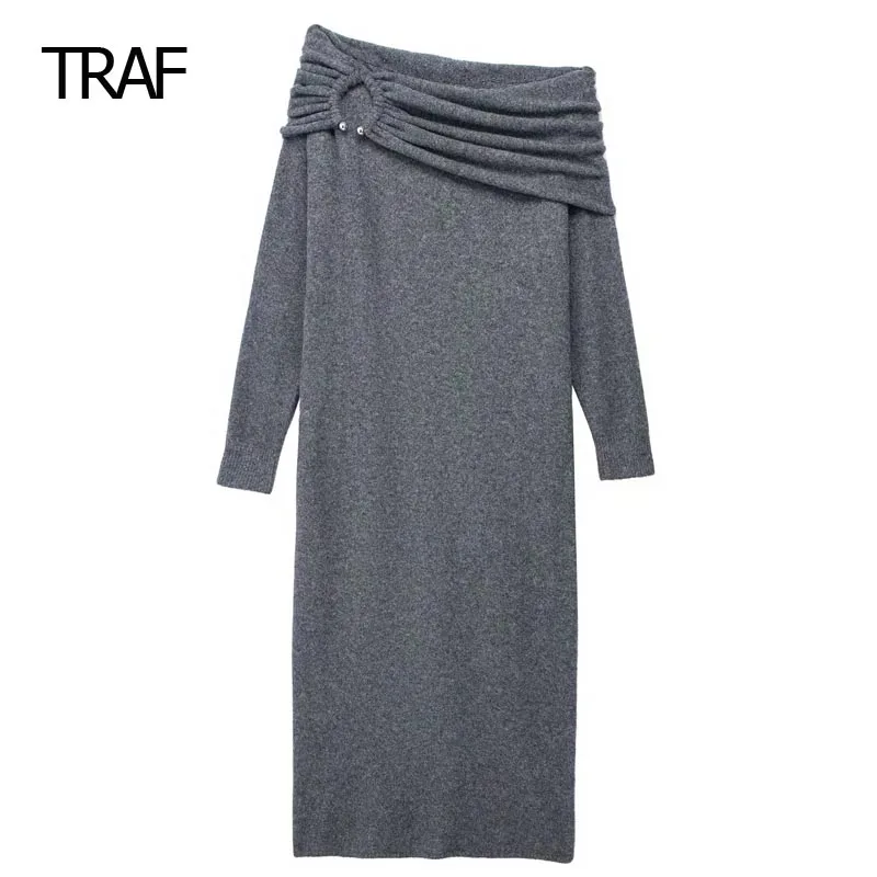 

TRAF Knit Asymmetric Dress Women Dresses Autumn Ruffled Long Sleeve Off Shoulder Dress Elegant Ladies Dress For Special Occasion