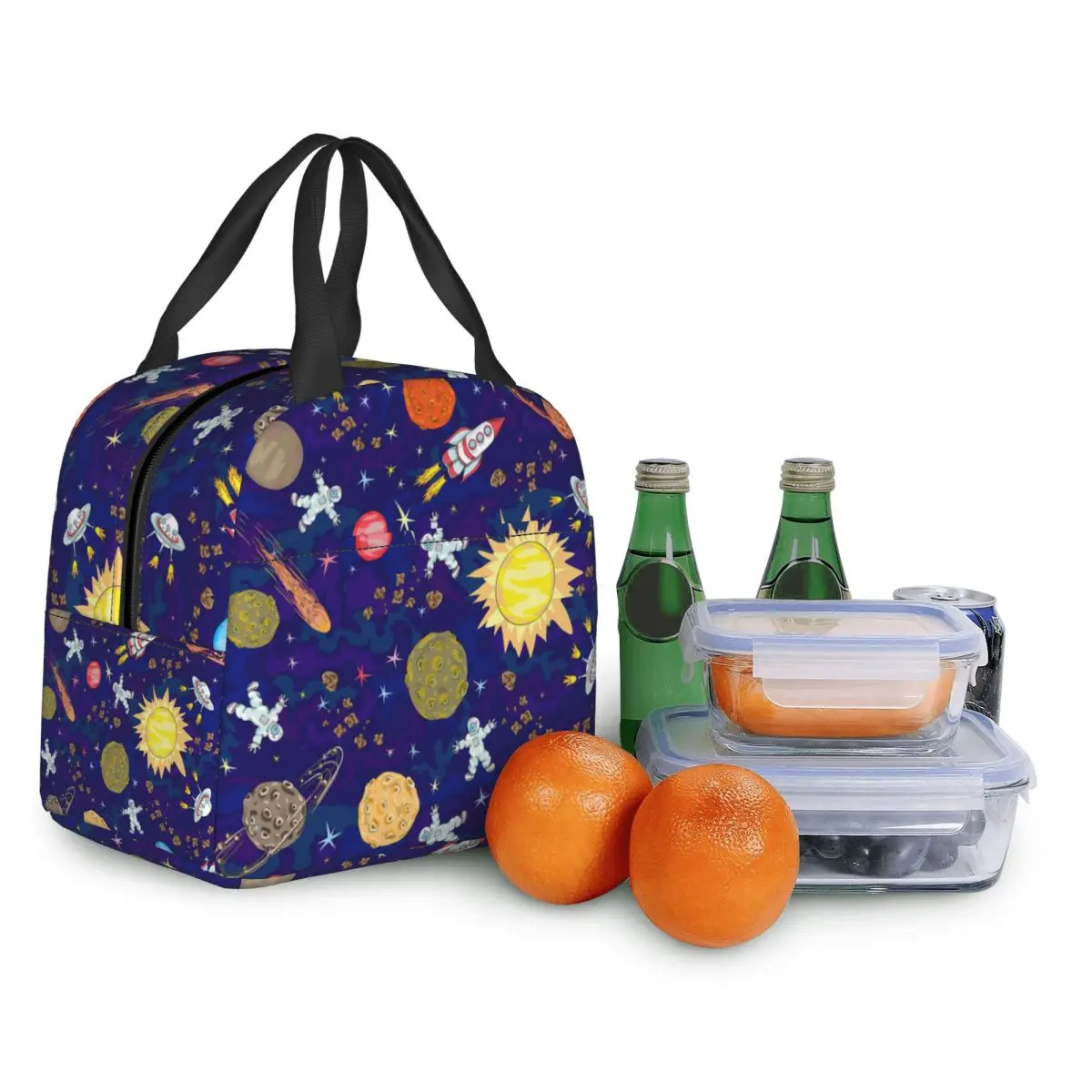 Cartoon Space Planet Rocket Thermal Insulated Lunch Bag Women Astronaut Spaceship Portable Lunch Box for Kids School Food Bags