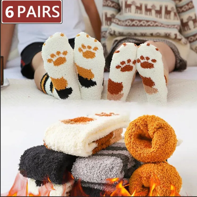 6 Pairs/lot Women Kawaii Socks Set Cartoon Cat Paw Patterned Dot Striped Plush Socks Winter Warm Funny Fluffy Sox