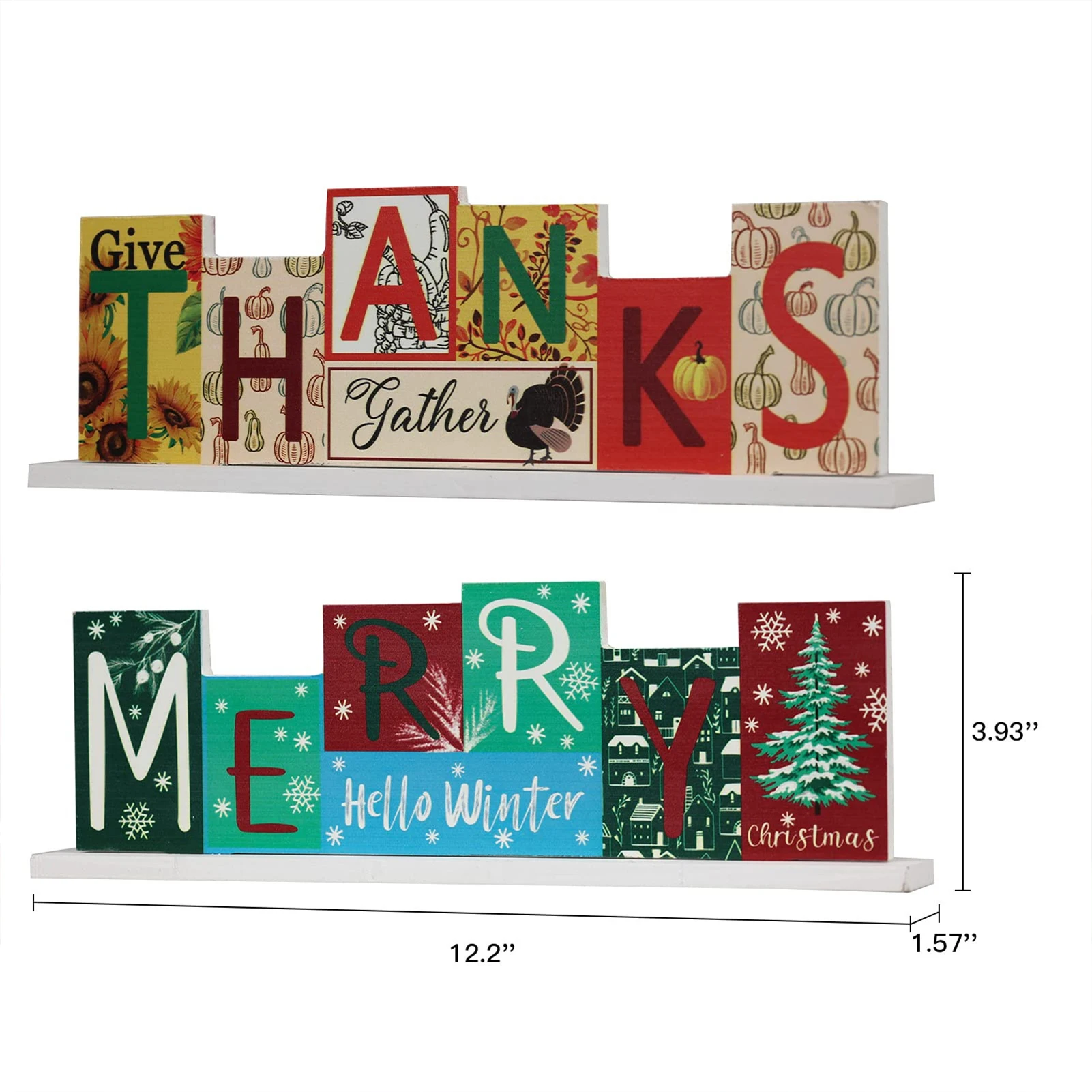 

Merry Christmas Wooden Signs Tiered Tray Decorations Classic Thanksgiving Xmas Printed Letter Tiered Tray Decor for Home Inside