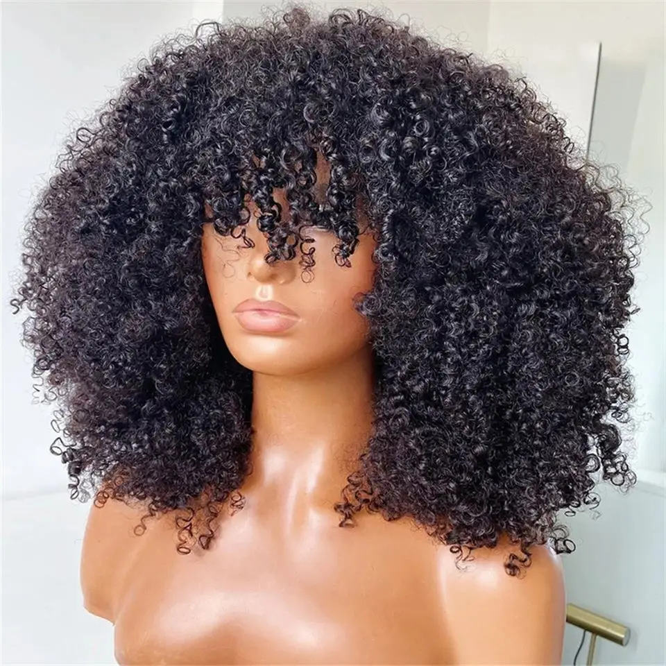 Parrucche di capelli umani afro ricci e crespi in stile mongolo con frangia, realizzate a macchina senza colla, taglio corto 4B 4C, stile bob o pixie cut. - immagine 2