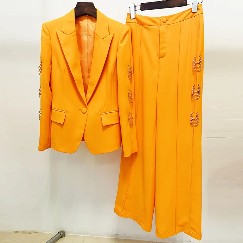 

Autumn Winter Women Fashion Celebrities Pantsuits Metal Ring Decoration Orange Blazer Straight Leg Trousers Suit Two-piece Set