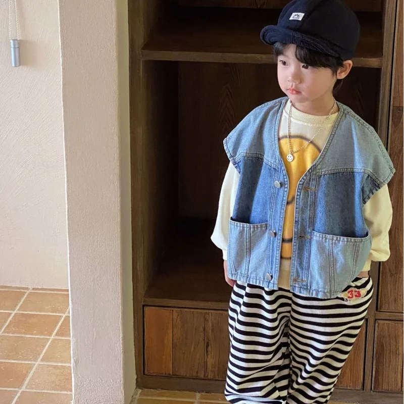 Children Denim Vest Korean Style Casual Fashion Boys and Girls Patchwork Color Casual Simple Loose Cardigan Coat for Kids