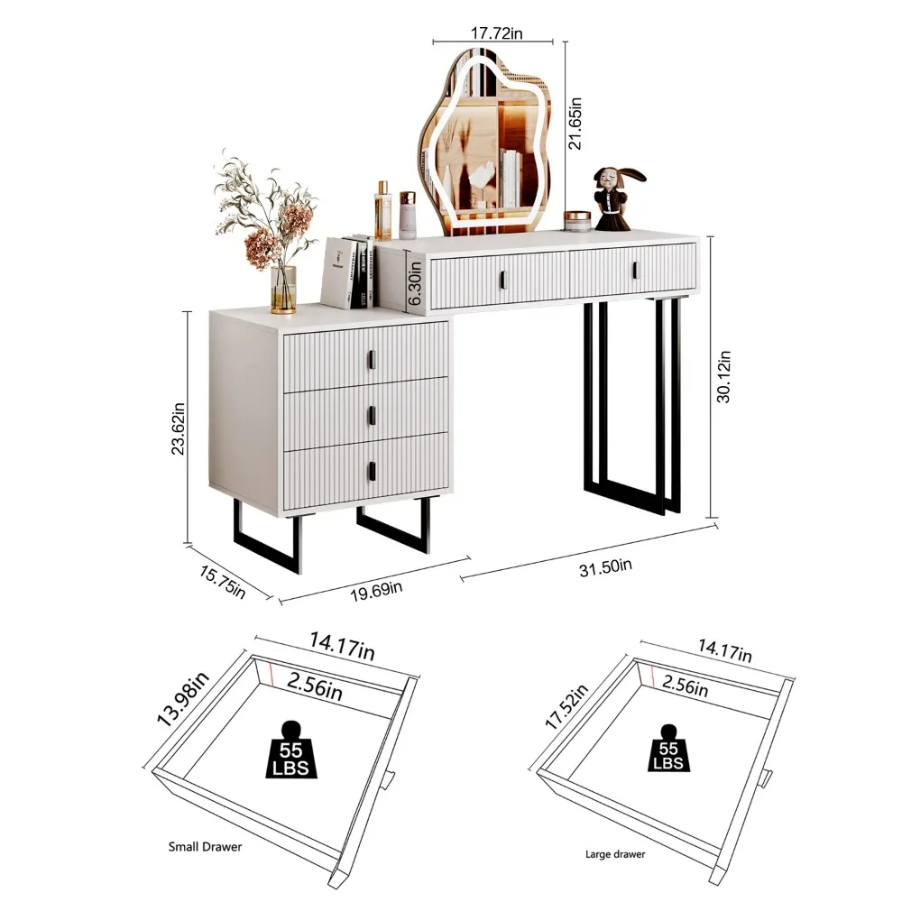 Makeup and Dressing Table with Mirror and Lamp, Small Dressing Table with 5 Drawers, and Adjustable Modern Dressing Table 5