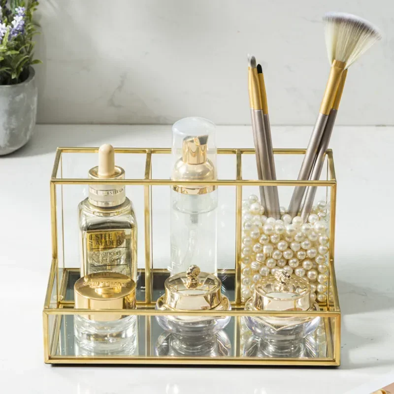 Luxury Makeup Brush Blush Brush Storage Bucket Glass Metal Ornaments Home Decoration Desktop Table Makeup Storage Tube Organizer 3