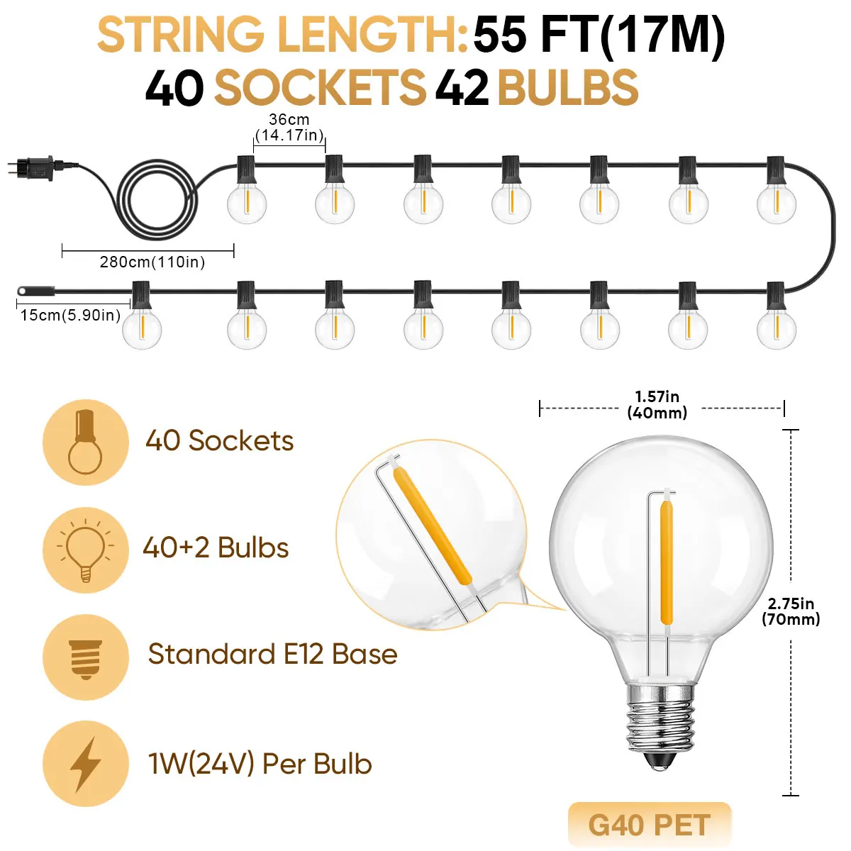 Plastics G40 Outdoor Light Output 24V String Light Waterproof Shatterproof Garland Lights Camping Garden Party Decoration Lights