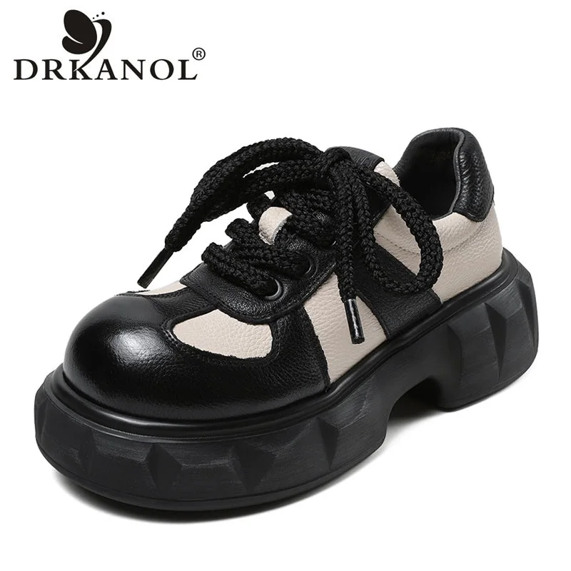 

DRKANOL 2024 Retro Style Chunky Platform Shoes Women Mixed Colors Genuine Cow Leather Wedges Heel Wide Head Women Casual Shoes