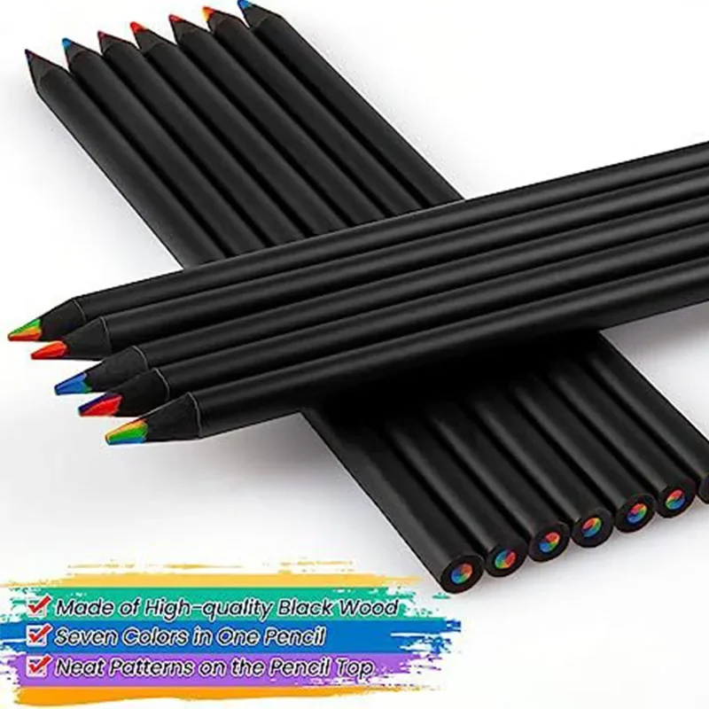 

7 in 1 Colour Pencils 12pcs/set Rainbow Water Soluble Wooden Pencils Black Wood Colored Concentric Crayons Art School Supplies