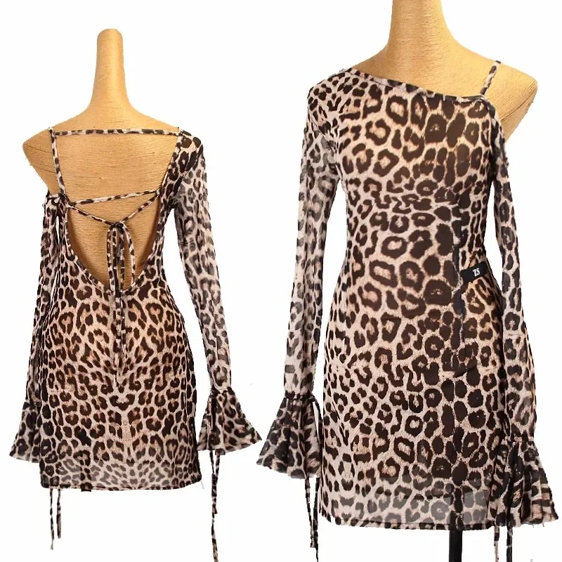 

Leopard Loose Latin Dance Dress Women Slant Shoulder Long Sleeves Practice Clothes Sexy Rumba Salsa Tango Dance Dress DNV17564