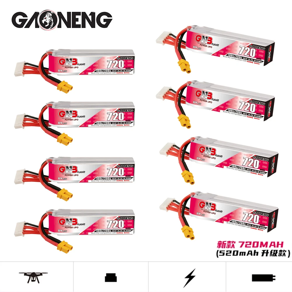 GNB 720mAh 4S 100C 15.2V HV XT30 Plug Lipo Battery Connector for RC FPV Racing Drone Tinywhoop Frame Kit Tinywhoop Spare Parts replacement lithium battery
