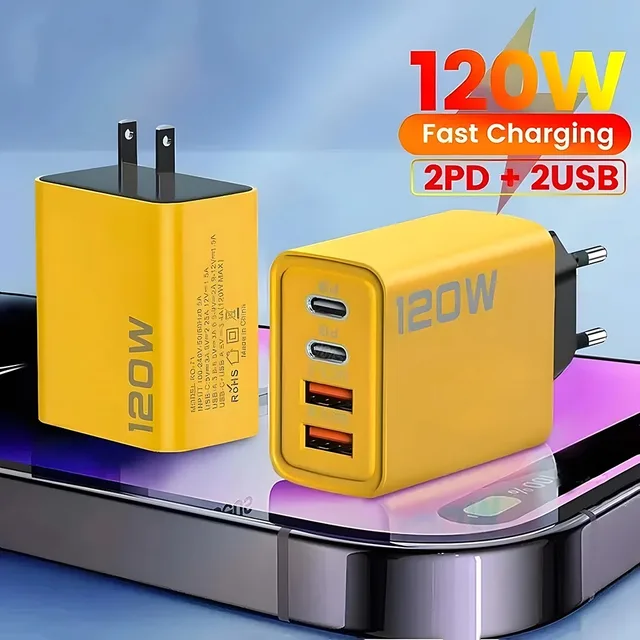 4 Port 120W USB C Fast Charger PD QC3.0 Wall Adapter and Data Cable For iPhone Samsung Xiaomi Huawei EU US UK Plug Travel Charge 1