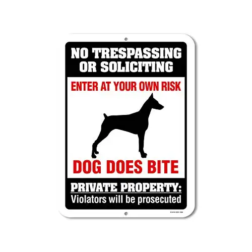 

No Trespassing or Soliciting Dog Does Bite - Metal Aluminum Novelty Sign Decor, Beware of Dog Sign - Made in The USA