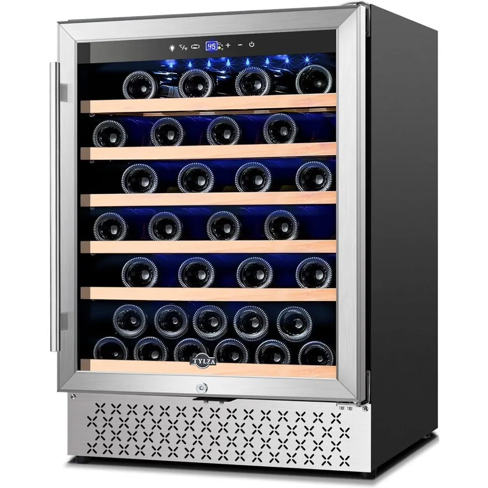 

Tylza 24 Inch Wine Cooler Refrigerator 51 Bottle Built-in or Freestanding 24''Stainless Steel & Double Layer Tempered Glass Door