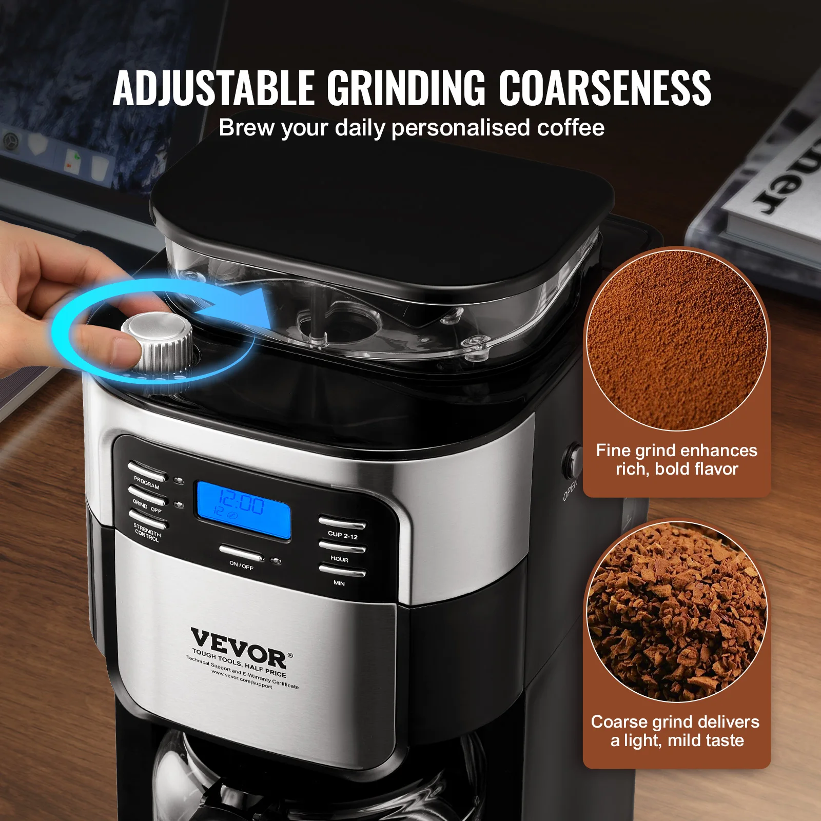 VEVOR Coffee Maker with Grinder, 12 Cup Grind and Brew Coffee Maker with 3 Brew Strength Control, 24-Hour Timer for Auto Brew 3
