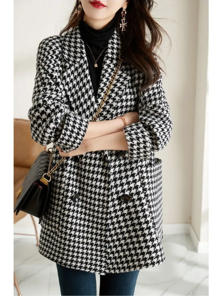 

Women Coat Plaid Woolen Coat for Women's Autumn Winter Overcoat Korean Fashion Mid Length Coat for Women's Clothing Tops