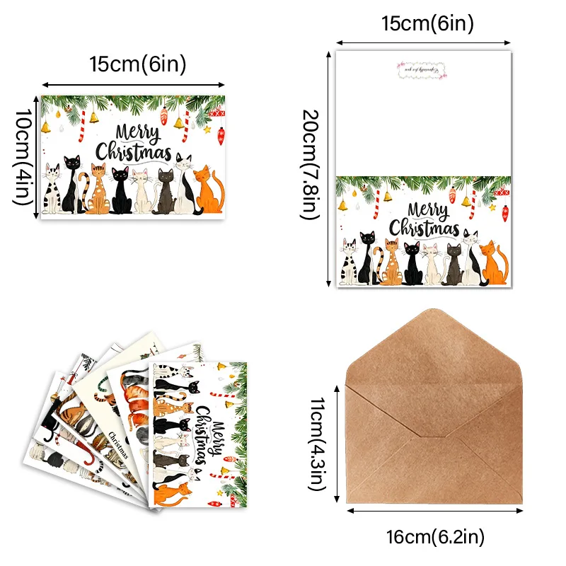 24/12PCS Christmas Greeting Cards with Envelope Cute Cat Xmas Thank You Card Cat Enthusiast Christmas Message Gift Card
