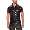 Men Party Shirt Stylish Men's Faux Leather Club Shirt with Turn-down Collar Short Sleeves Slim Fit Performance Top for Summer 4