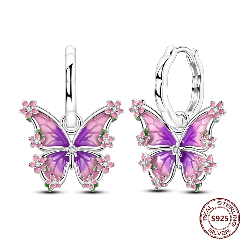 Colorful Zirconia-Embellished Feather and Butterfly Hoop Earrings in 925 Silver