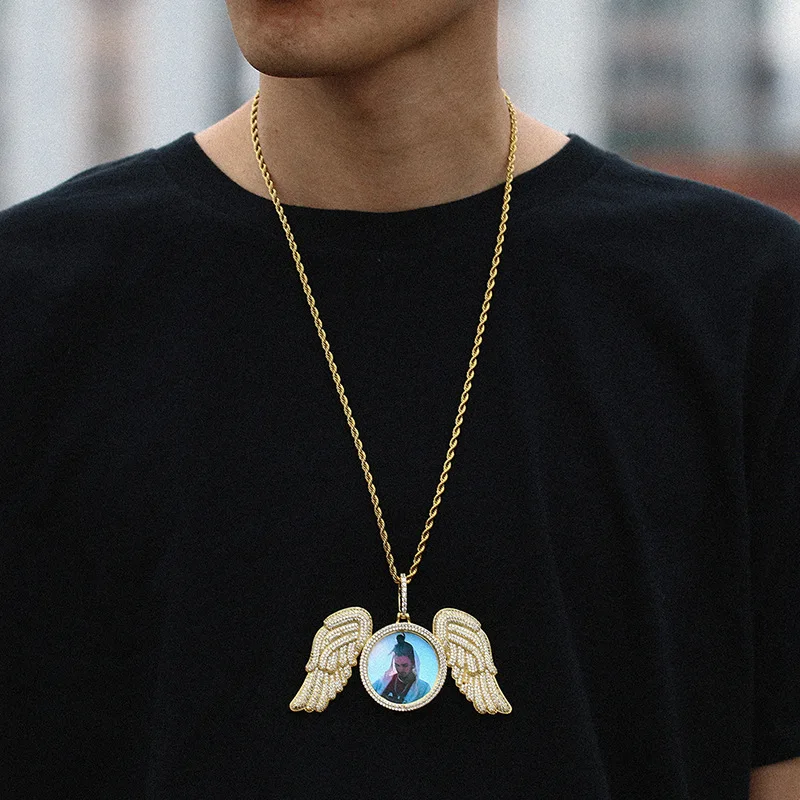 Hip Hop Memorial Custom Photo Necklace For Men Personalized With Angel Wings Pendants Trays Picture