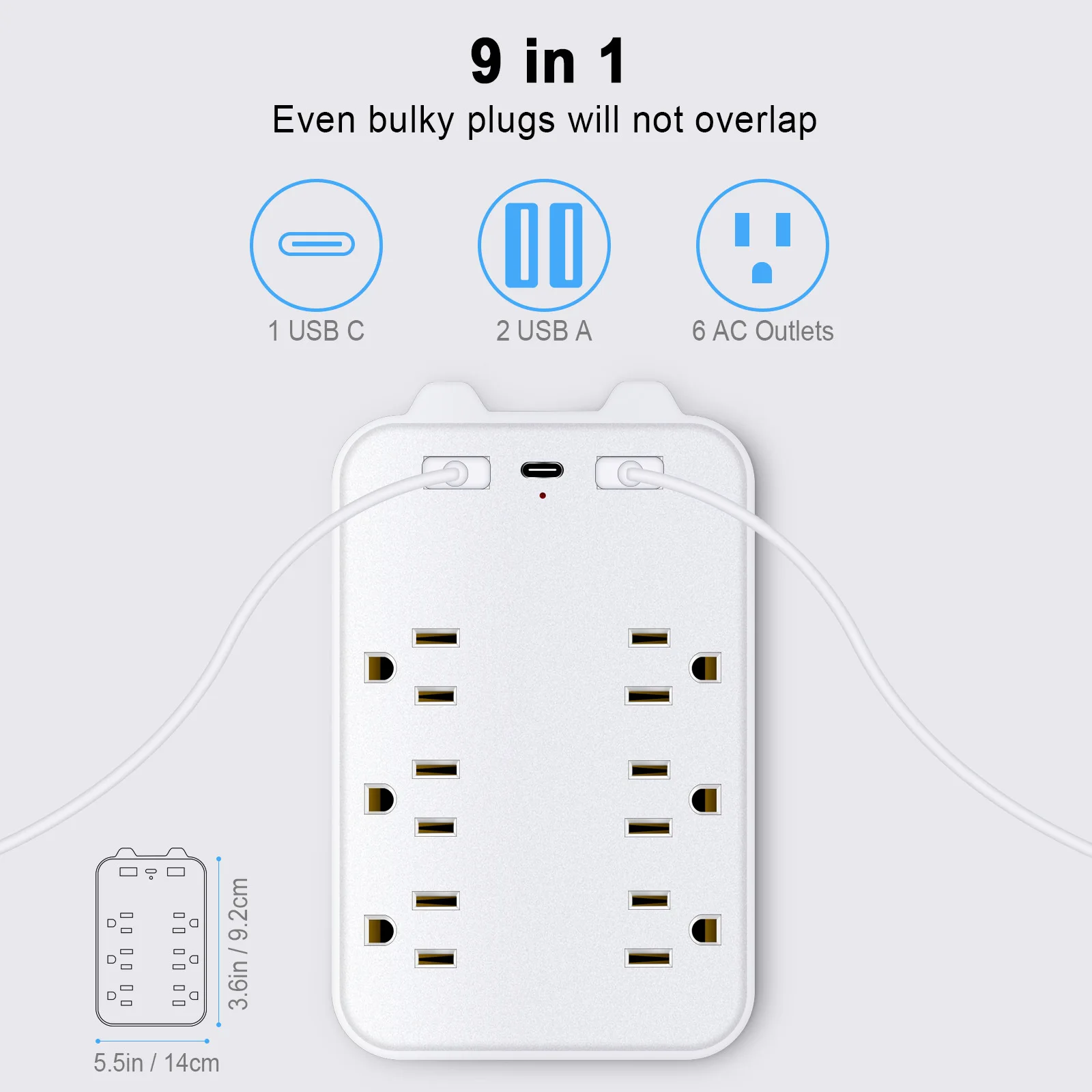 9in1Surge Protector 6Outlet Extender with 2 USB&1Type-C Ports Power ...