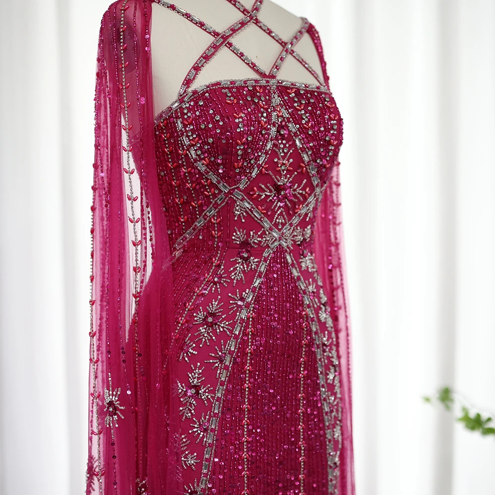 Sharon Said Luxury Dubai Aqua Lilac Arabic Mermaid Evening Dress with Cape Sleeves Criss Cross Women Wedding Party Gowns SS391