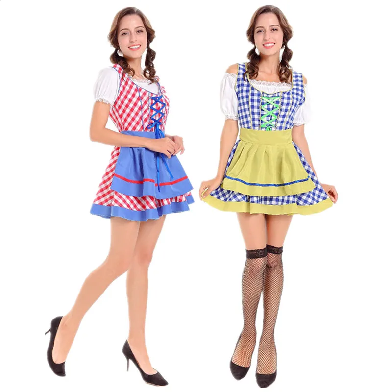 

Adult Women Oktoberfest Costume Germany Bavarian Beer Red Blue Plaid Mini Dress Beer Maid Costume costume halloween