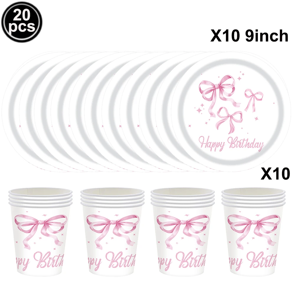 Pink Bow Birthday Party Tableware Set - Plates, Cups, and Napkins