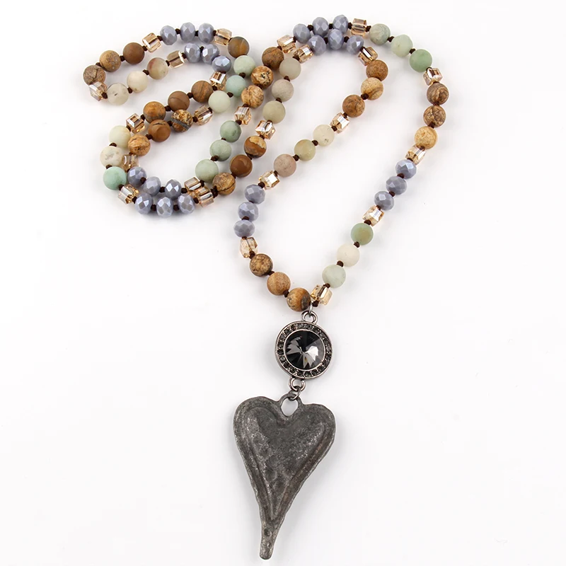Joyería Tribal bohemia de moda, cadena larga anudada de piedra, eslabones  de cristal, collares con colgante de corazón de Metal D|Collares colgantes|  - AliExpress