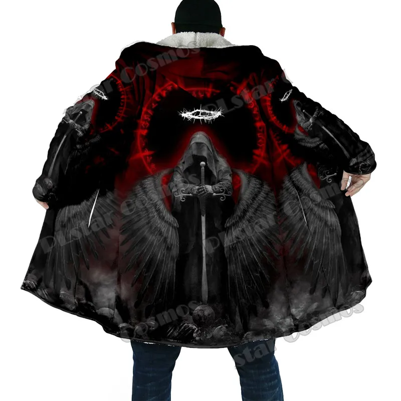 

Fashion Winter Men's Cloak Dark Satan Skull Pattern 3D Printing Thick Wool Hooded Cloak Unisex Casual Warm Cloak Coat