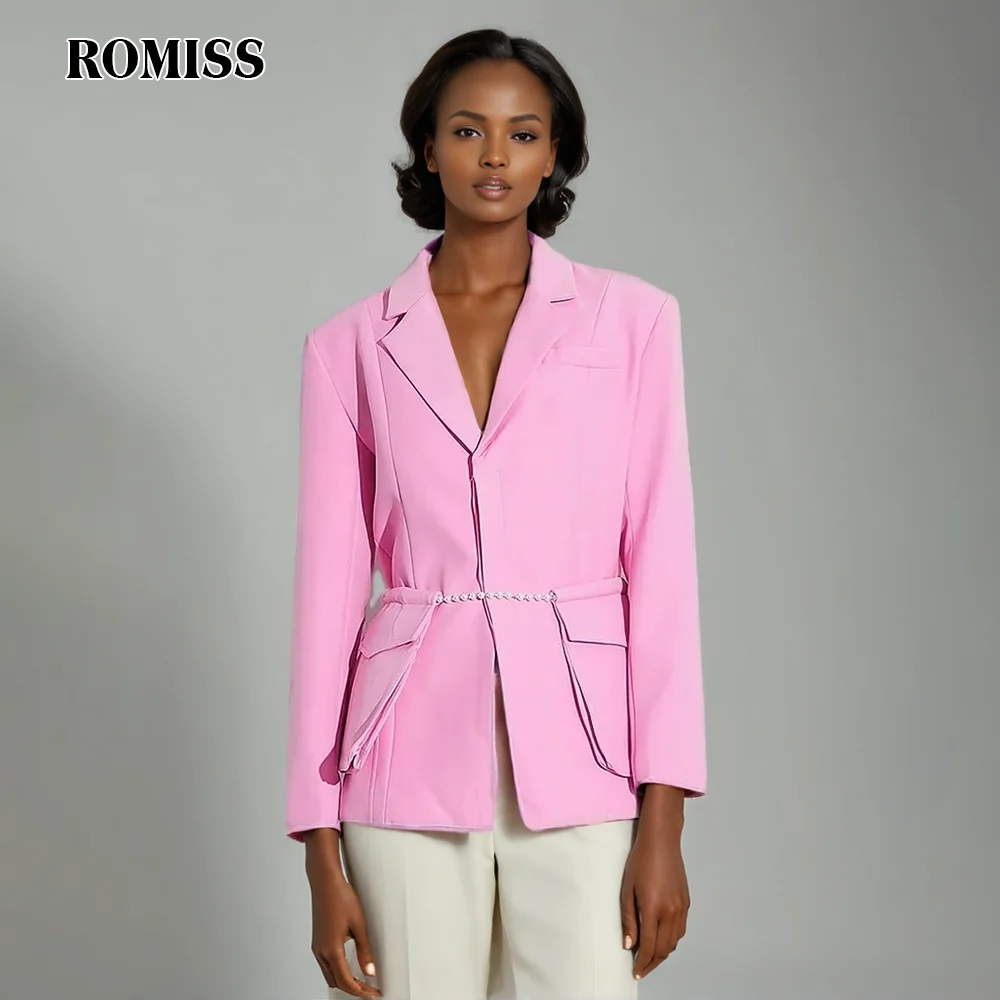 

ROMISS Solid Patchwork Pearls Blazer Women Notched Collar Long Sleeve Spliced Pocket Chic Blazers Female Fashion Clothes