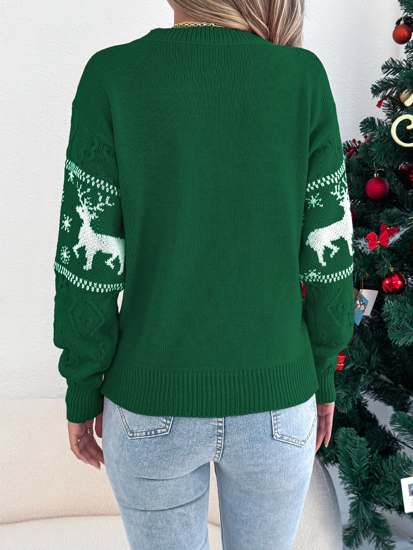 Womens Christmas Sweater Round Neck Snowflake Deer Pattern Long Sleeve Top
