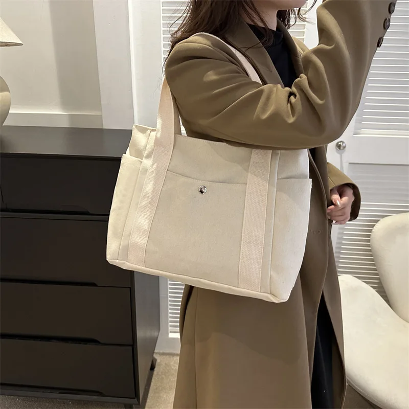 Canvas Tote Bags for Women Simple Mori Girl Popular Design Large Capacity Pocket Shoulder Bag All-match Student Commuter Handbag
