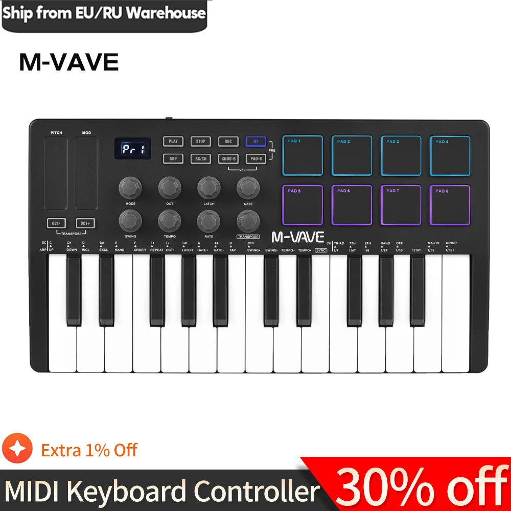 M-VAVE 25-Key MIDI Control Keyboard Mini Portable USB MIDI Keyboard Controller & Sensitive Keys 8 RGB Backlit Pads 8 Knobs
