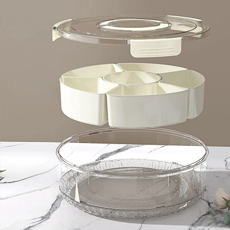 1 Pc 5-Compartment Food Storage Dried Fruit Snack Plate ,rotatable storage container, snack and vegetable tray with lid and hand 6