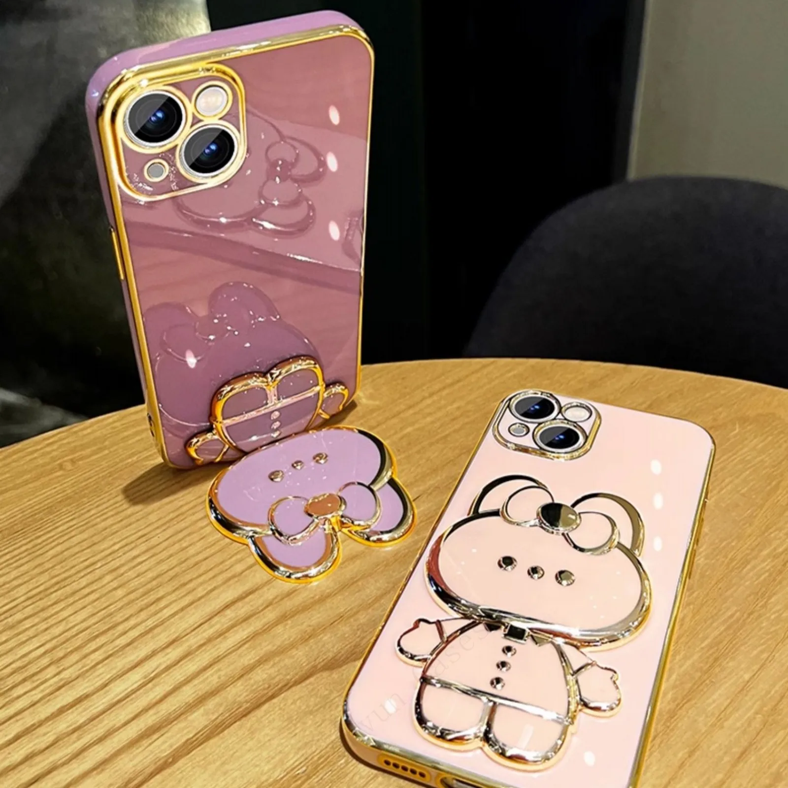 Bunny Mirror Holder Silicone flower Strap Plating Phone Case For iphone 15 14 12 Max MiNi 11 13 Pro X XS XR 7 8 + SE_voghion.com