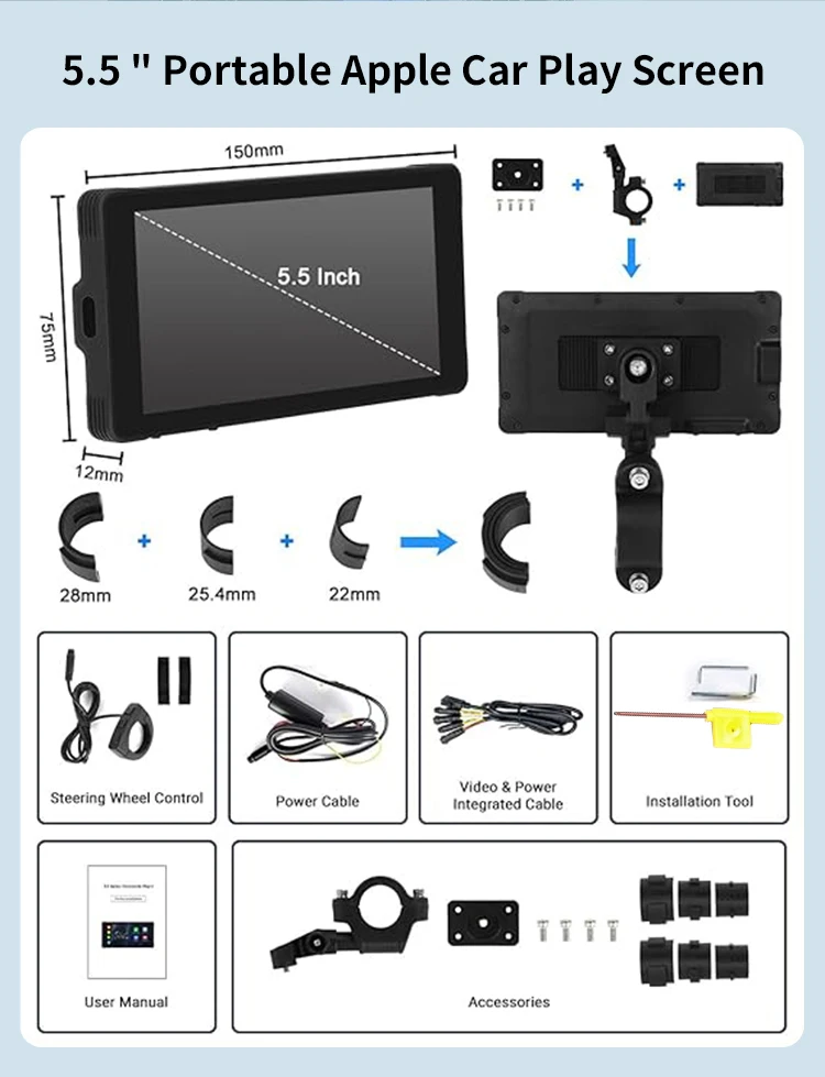 Wireless Android Auto Motorcycle 5.5 inch CarPlay Screen Waterproof Convenient Wireless Motorcycle GPS Carplay Navigator