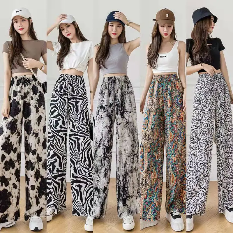 Summer Women Ink Tie Dye Baggy Wide Leg Ice Silk Pants 2023 Vintage Clothes Women\'s Casual Trousers Female Plus Size Pants