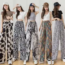 Summer Women Ink Tie Dye Baggy Wide Leg Ice Silk Pants 2023 Vintage Clothes Women's Casual Trousers Female Plus Size Pants
