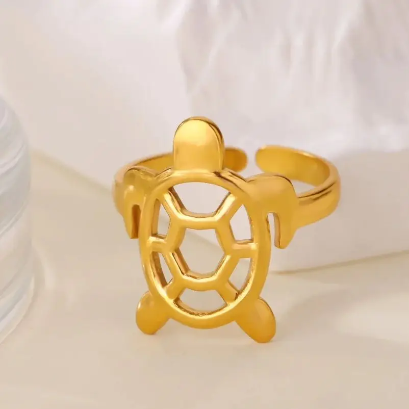 Cute Hollow Turtle Rings for Women Gold Color Stainless Steel Adjustable Ring