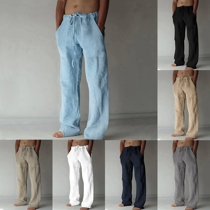 

Summer Men's Cotton Linen Pants Breathable Solid Color Drawstring Trousers Spring Summer Daily Casual Loose Fitness Pants M-3Xl